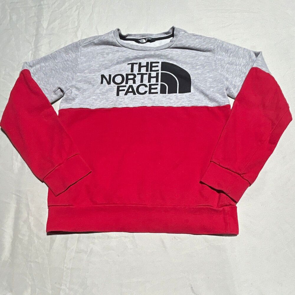 The North Face Youth Size Medium 10/12 Sweatshirt Crewneck Gray Red Block Logo